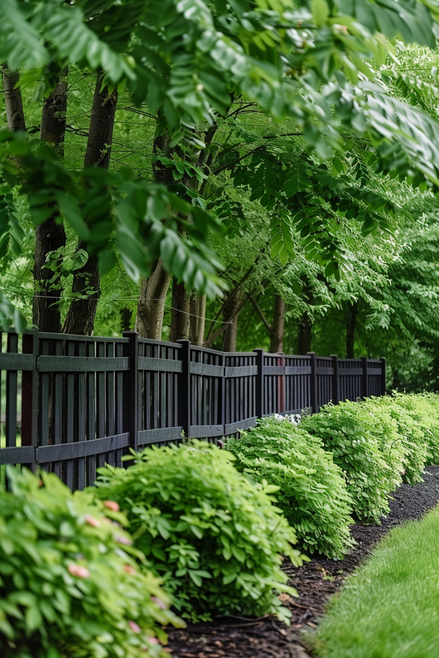 A lush green path flanked by shrubs with a dark wooden fence and trees in the background.
