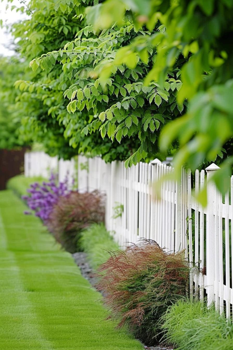 A lush garden with a white picket fence, green shrubs, and purple flowers lining a manicured lawn.
