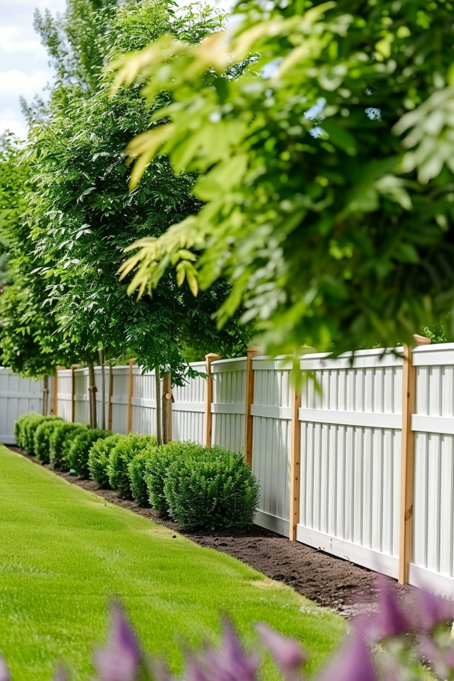 ALT: A neatly manicured garden with a row of shrubs in front of a white fence, lush trees behind, and vibrant green grass in the foreground.