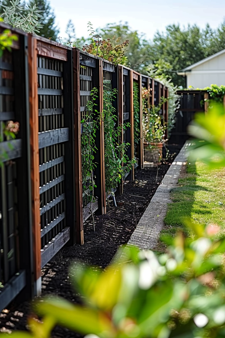 A garden pathway with wooden latticed fences on the sides supporting young climbing plants, under a sunny sky.