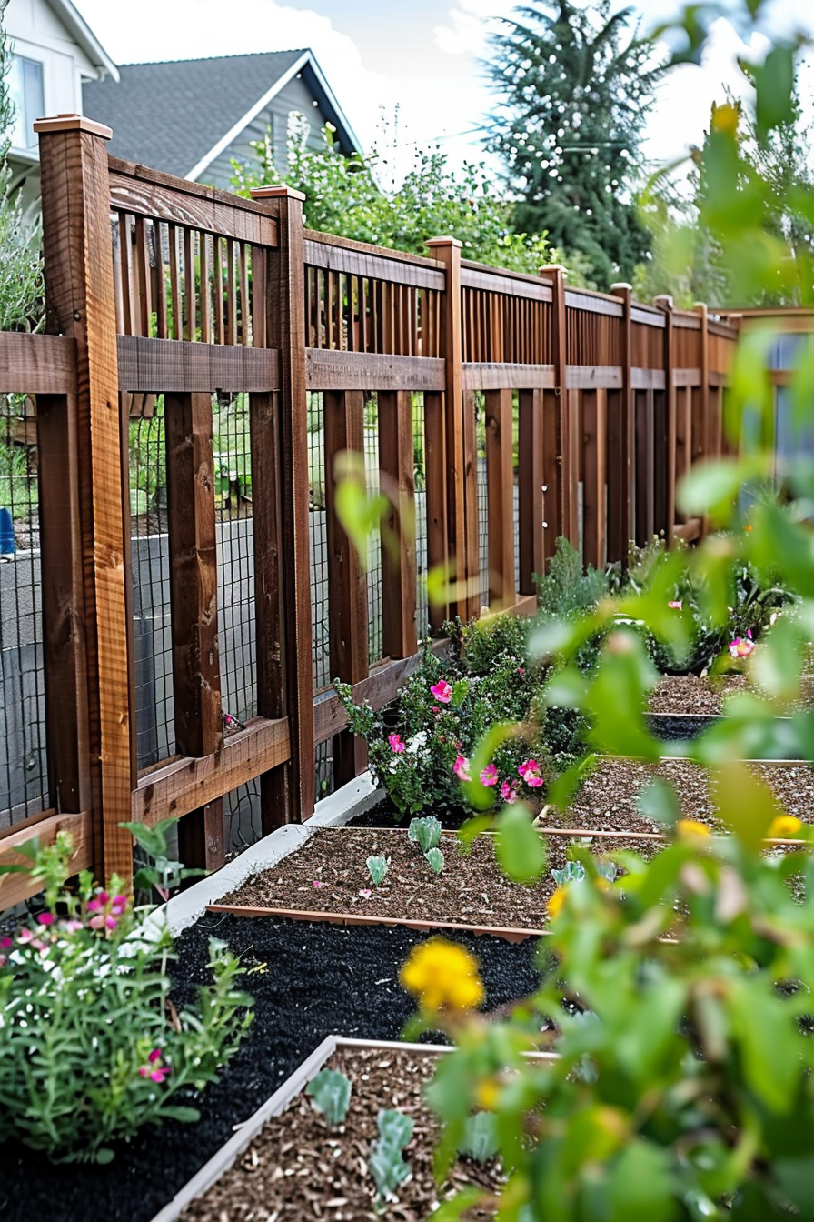 Wooden fence with wire mesh alongside a garden bed with blooming flowers and greenery, with a house in the background.
