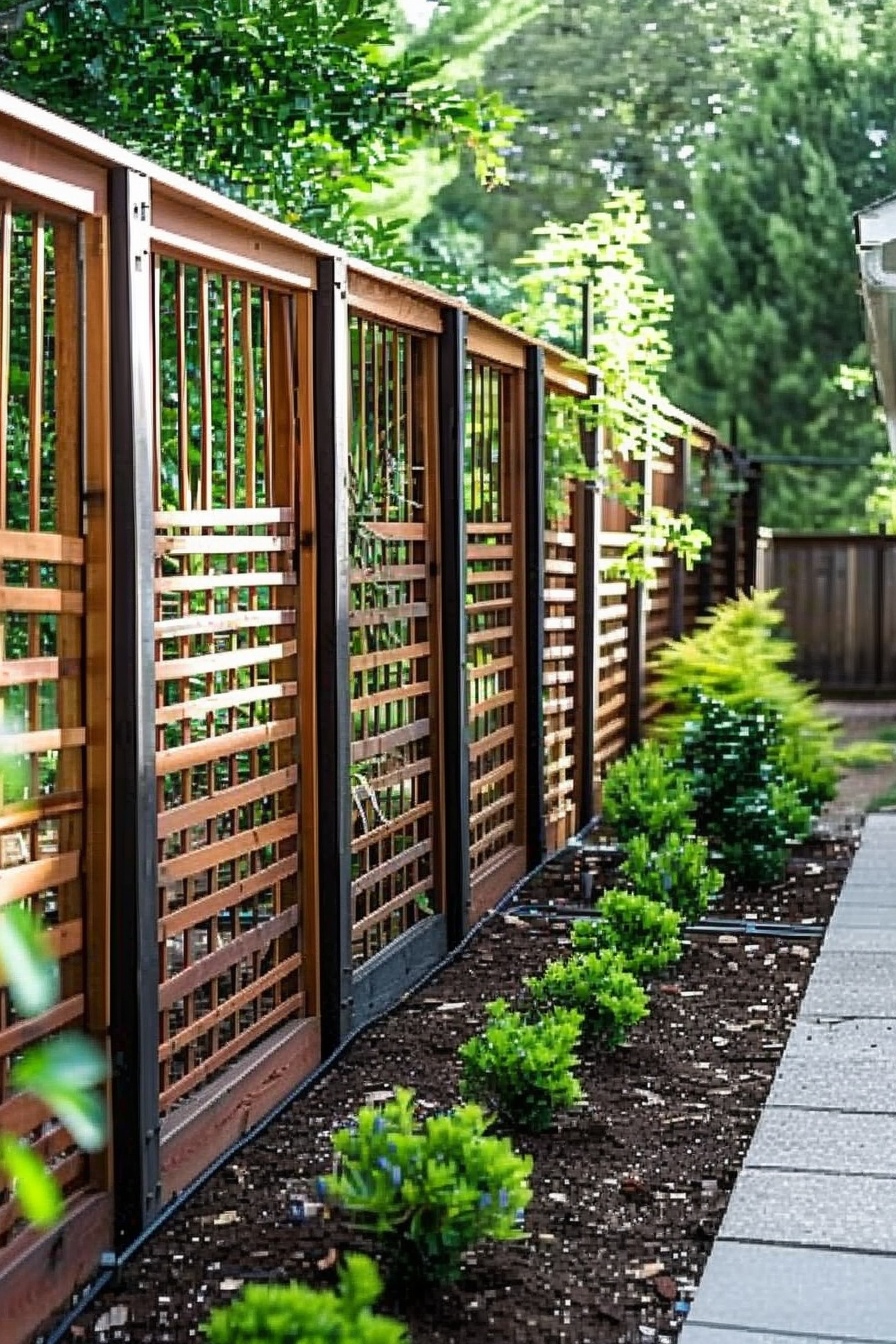A wooden slat fence runs alongside a garden path with neatly planted shrubs on a sunny day.