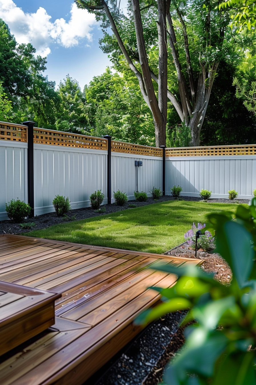A well-manicured backyard with a wooden deck, white fence with lattice trim, trees, and neatly arranged shrubs under a clear sky.
