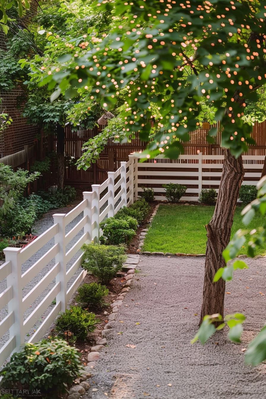 A serene garden pathway lined with a white fence, pebble walkway, lush greenery, and twinkling string lights in the foliage.
