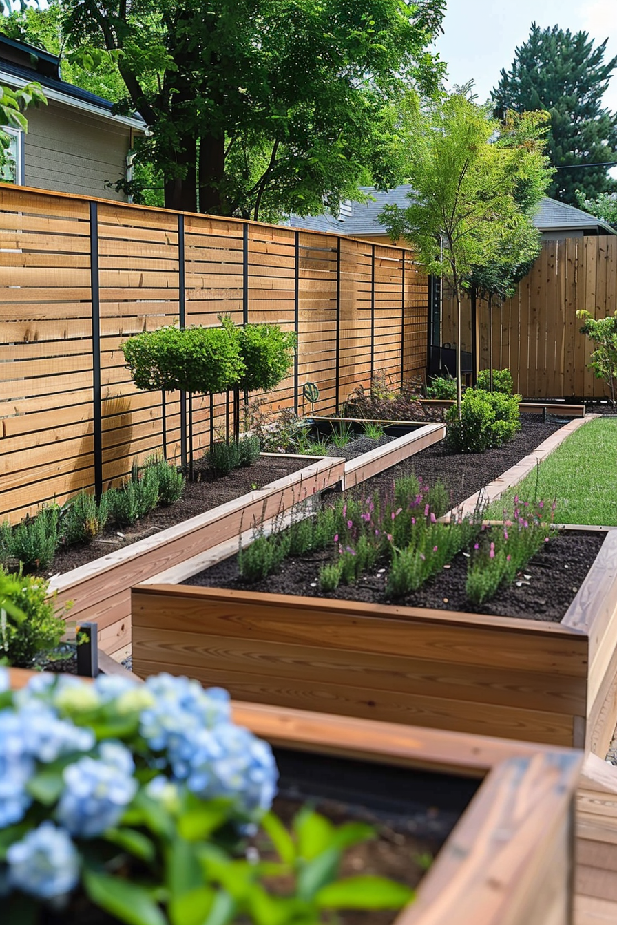 A well-maintained garden with raised wooden planters, blooming lavender, green shrubs, and a modern wooden fence.