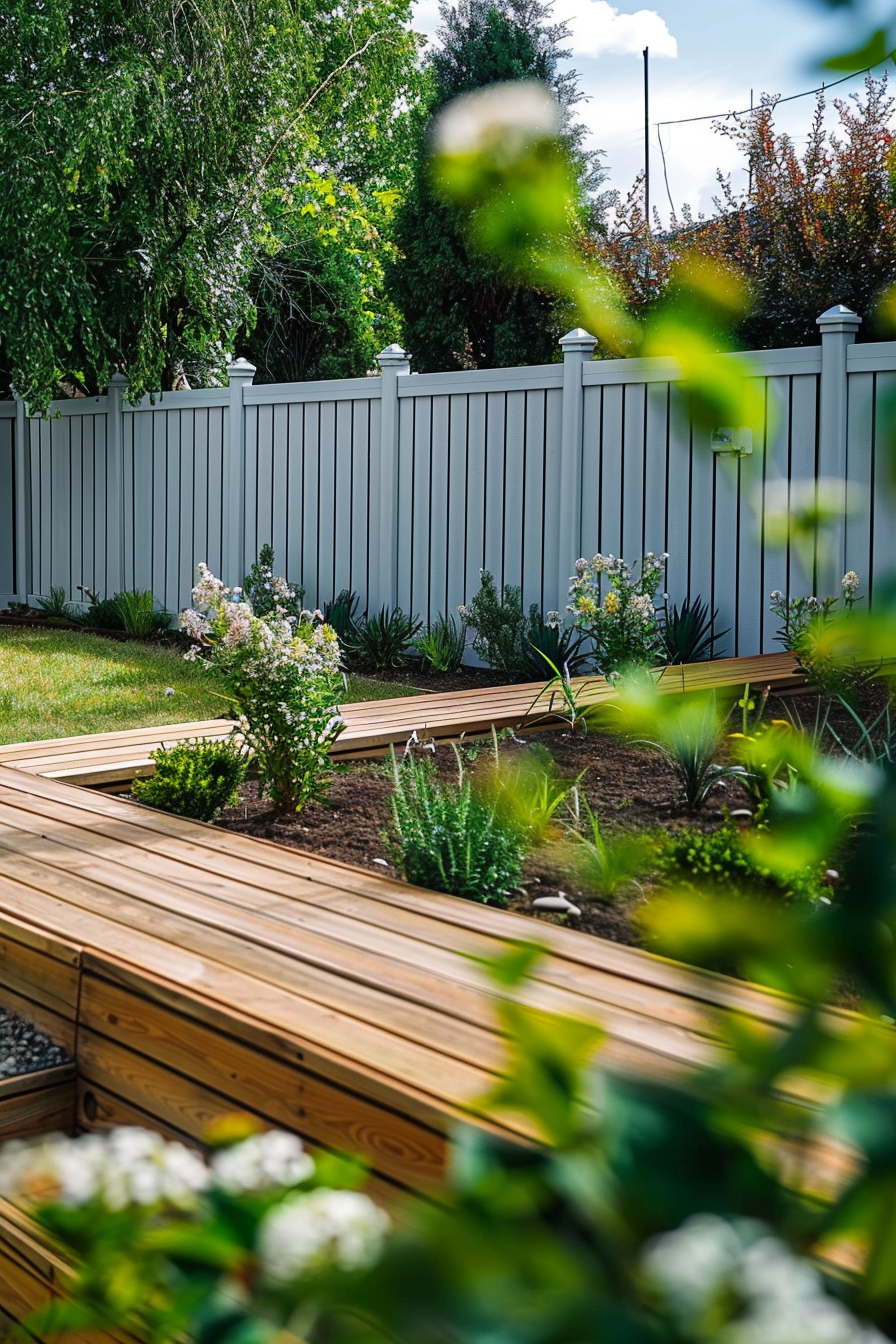 A serene backyard garden with a wooden bench, fresh greenery, white flowers, and a neat grey fence under a sunny sky.