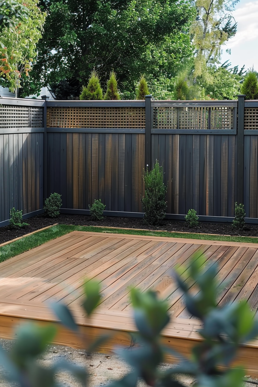 Wooden deck in a landscaped backyard with a dark fence and decorative lattice, surrounded by plants and trees.
