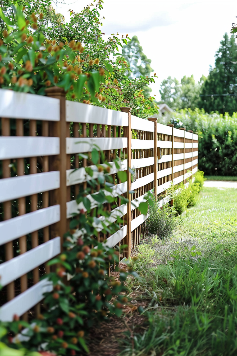 Wooden fence with white horizontal slats in a lush garden, with greenery and sunlight filtering through.