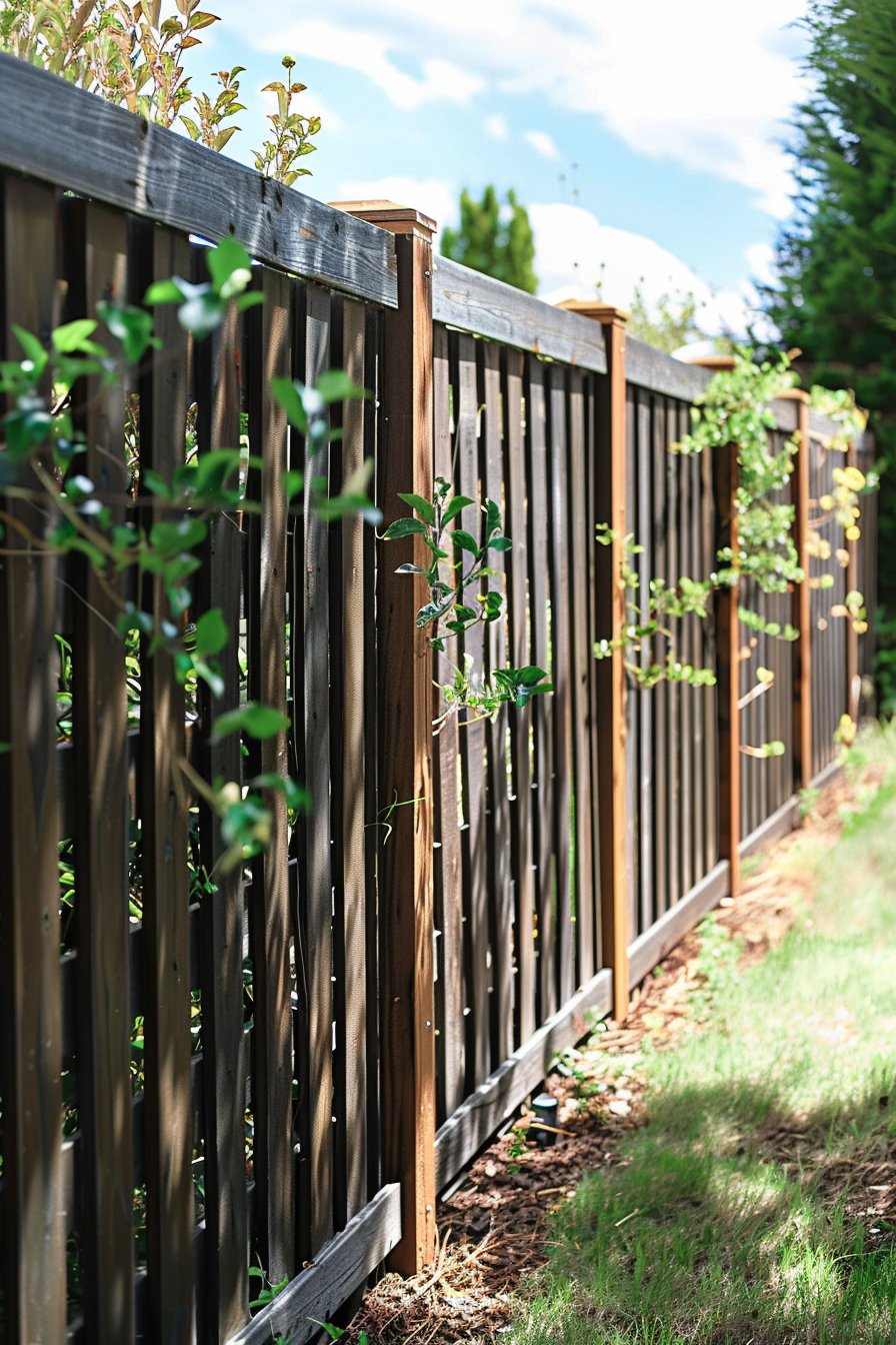 Wooden fence with intermittent slats, greenery growing through, under a blue sky.