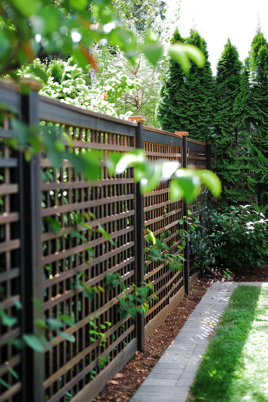A wooden lattice fence lines a garden path, flanked by lush greenery and tall conifer trees.