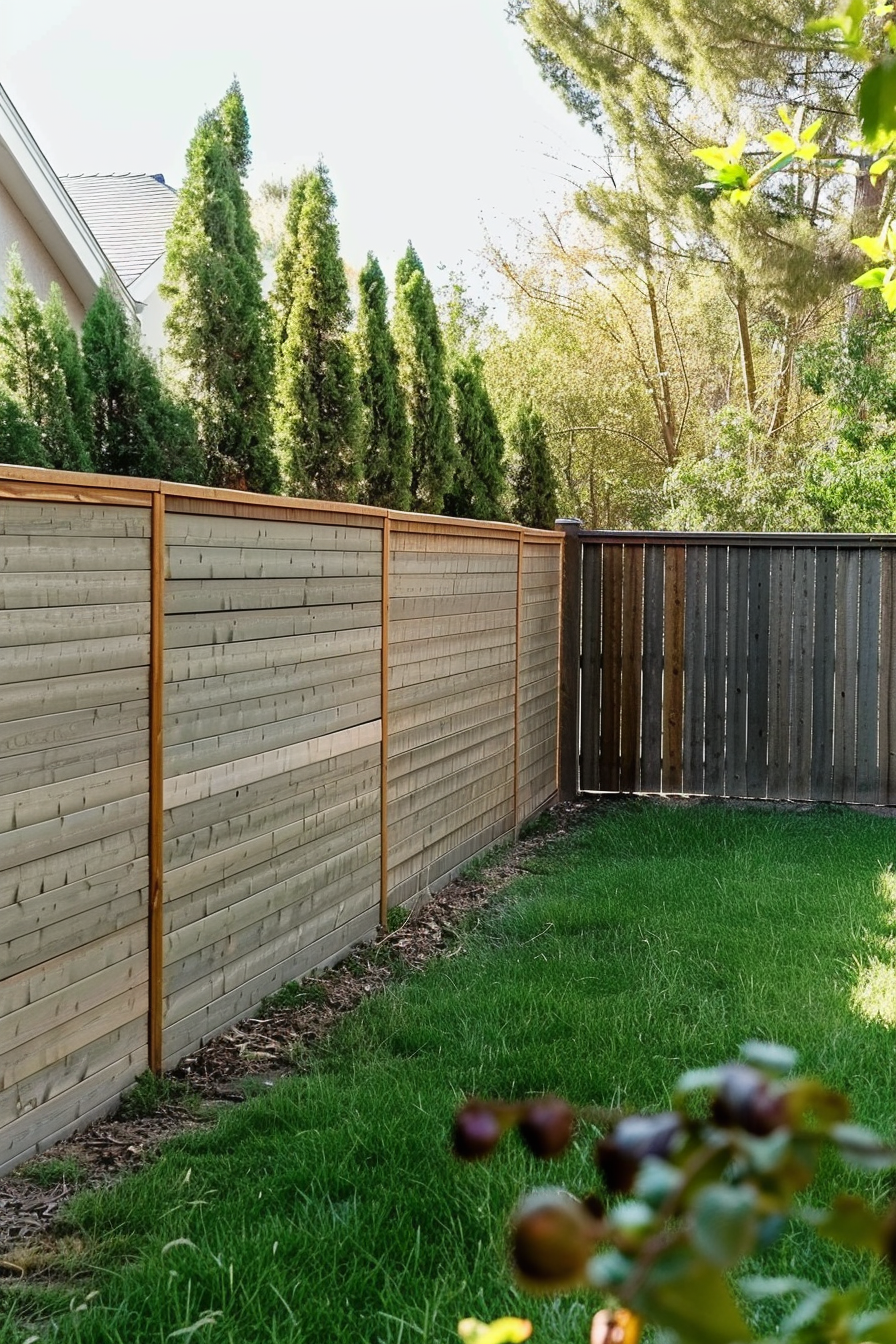 A well-maintained backyard with a wooden fence, green grass, and a row of tall, narrow trees under a clear sky.