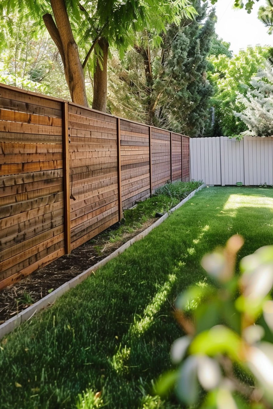 Wooden and white fences bordering a lush backyard with various trees and a well-kept lawn.