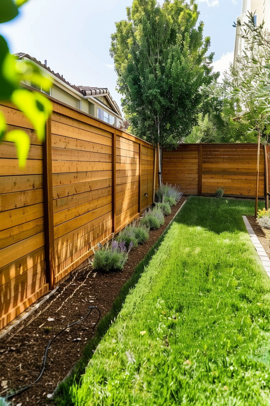 A well-manicured backyard with a lush green lawn, a wooden fence, a flowerbed with lavender, and tall trees under a sunny sky.