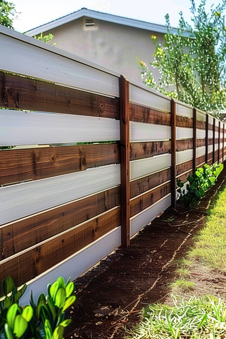 A wooden horizontal slat fence blends with a well-kept garden and a house in the background on a sunny day.