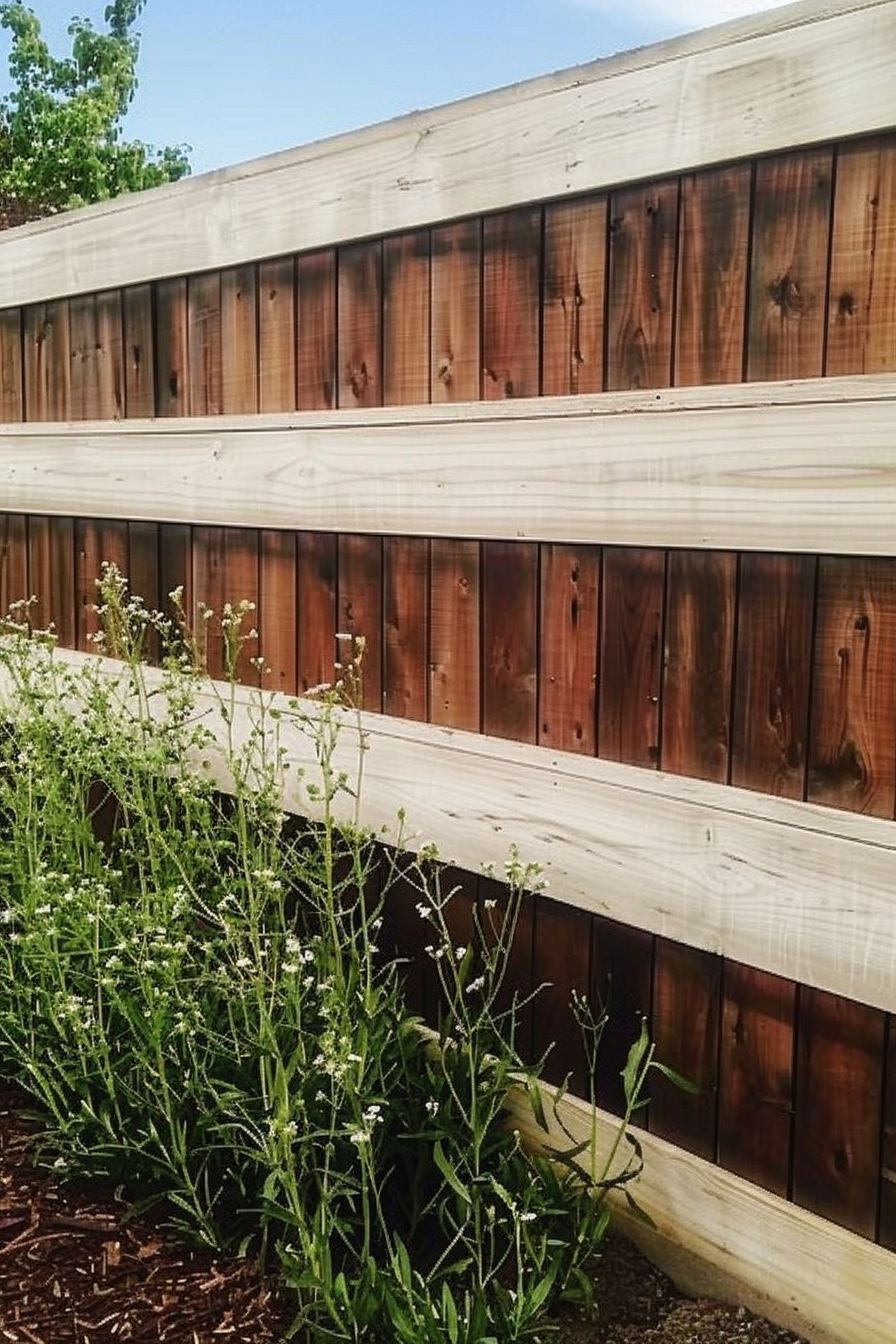 A wooden fence with alternating vertical brown and horizontal natural wood panels behind blooming wildflowers.