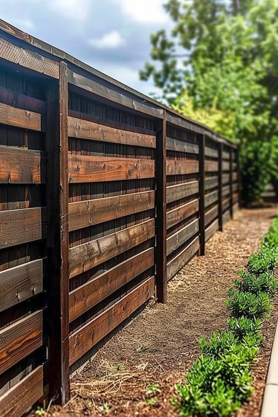 A wooden privacy fence running alongside a garden path with green shrubbery on one side.