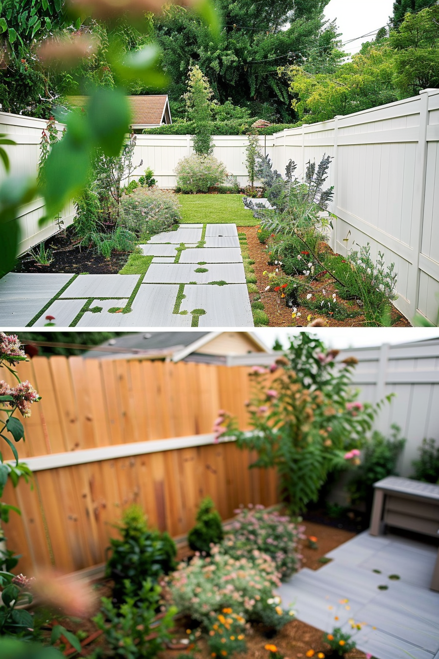 Two images of a backyard garden with a white fence above and a wooden fence below, featuring lush greenery and a stone pathway.
