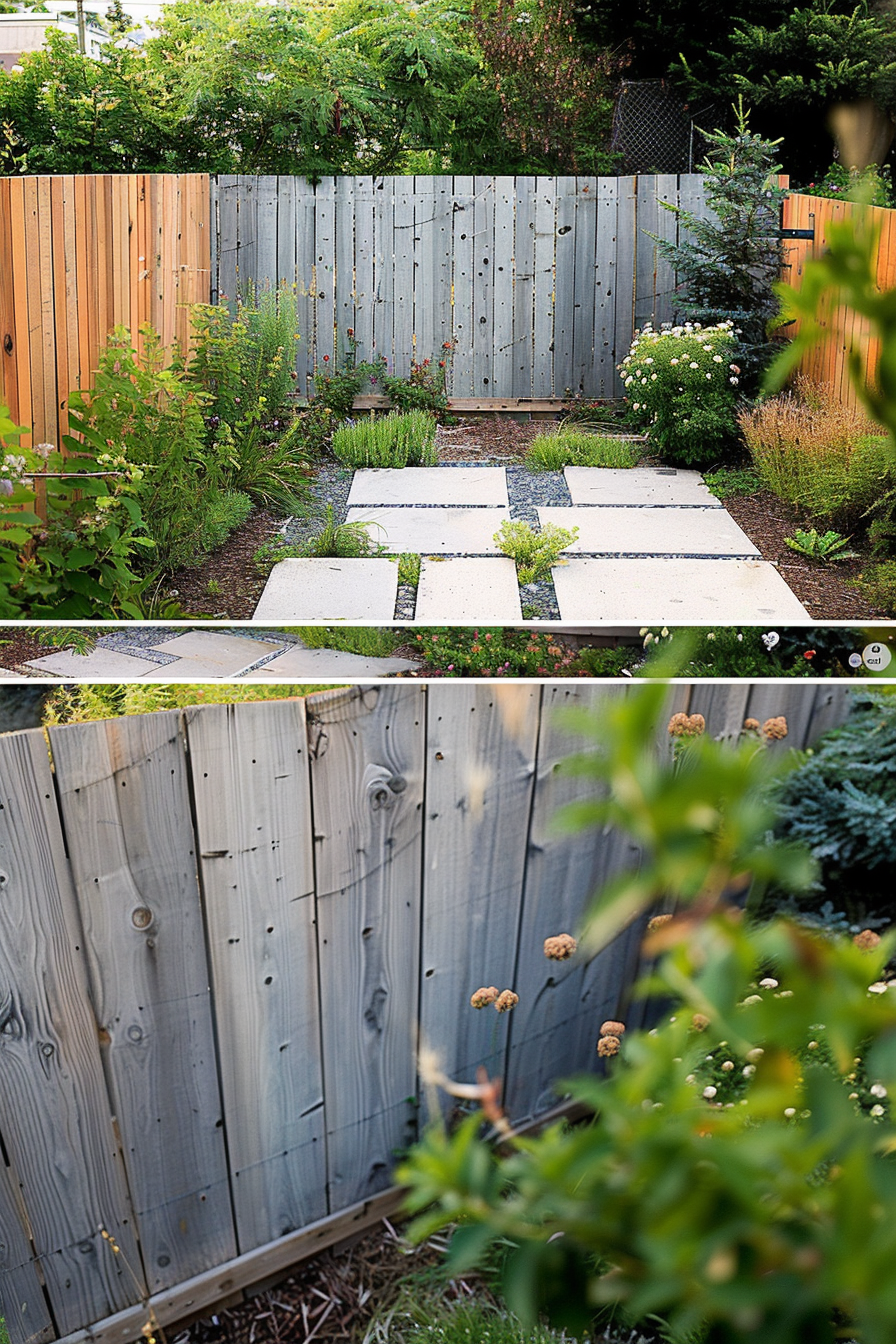 ALT: A serene backyard garden with a grey fence, square pavers set in gravel, surrounded by lush greenery and flowering plants.