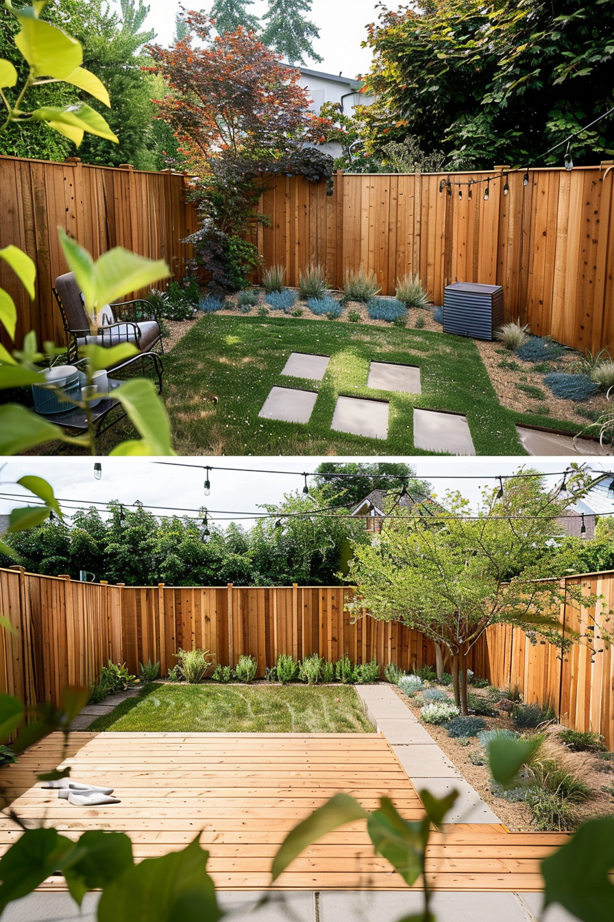 Two views of a peaceful residential backyard with a wooden fence, greenery, stone path, and a patio area. No people visible.