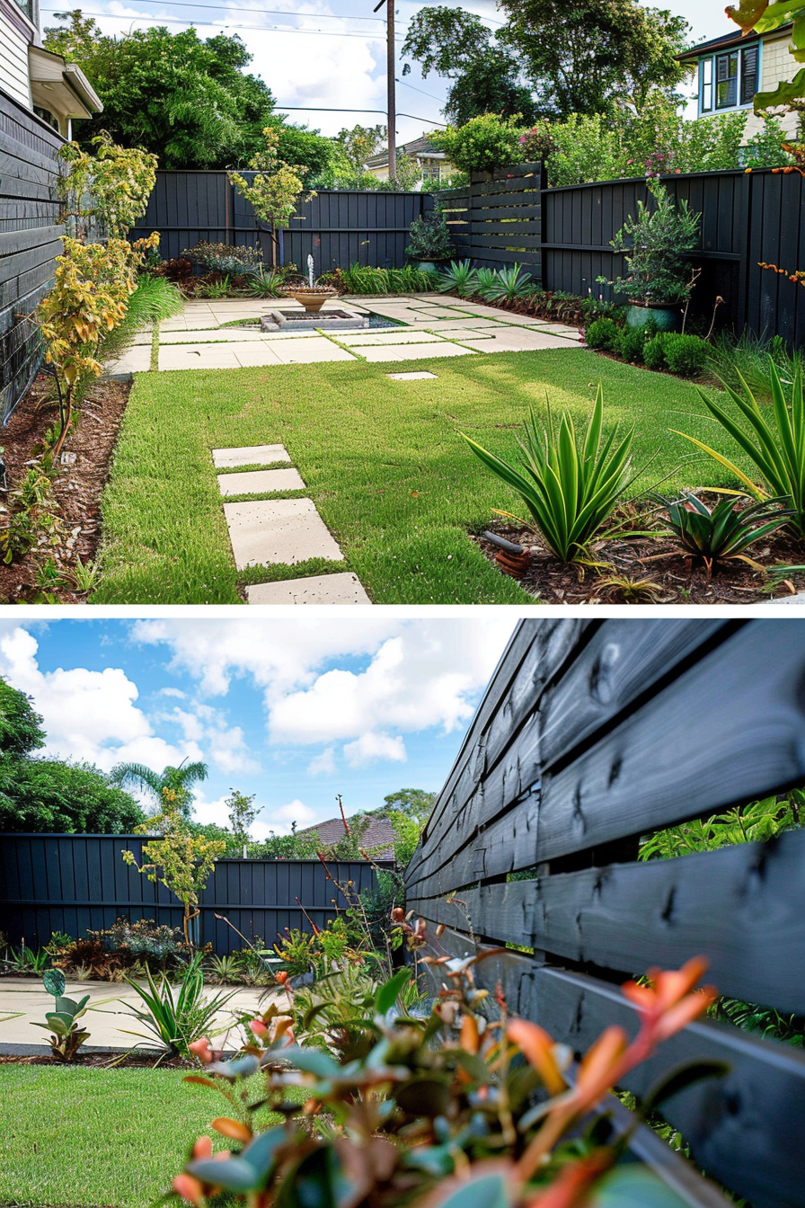 ALT: Top: A neatly landscaped backyard with a geometric path, green lawn, and plants against a dark fence. Bottom: Garden view through a wooden fence.