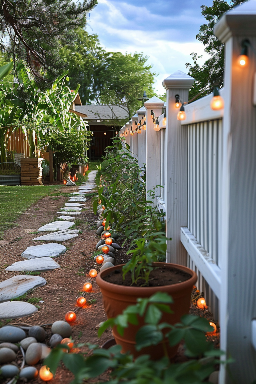 A cozy garden pathway lined with glowing string lights along a white picket fence, stepping stones, and vibrant greenery.