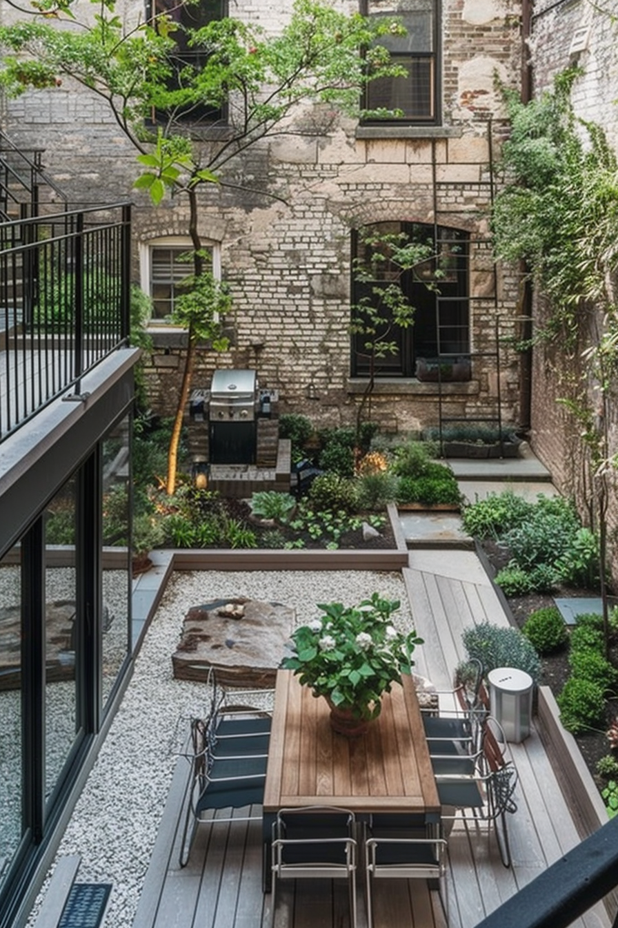 A well-manicured courtyard garden with a dining area, stone walls, greenery, and a grill, as viewed from a balcony.