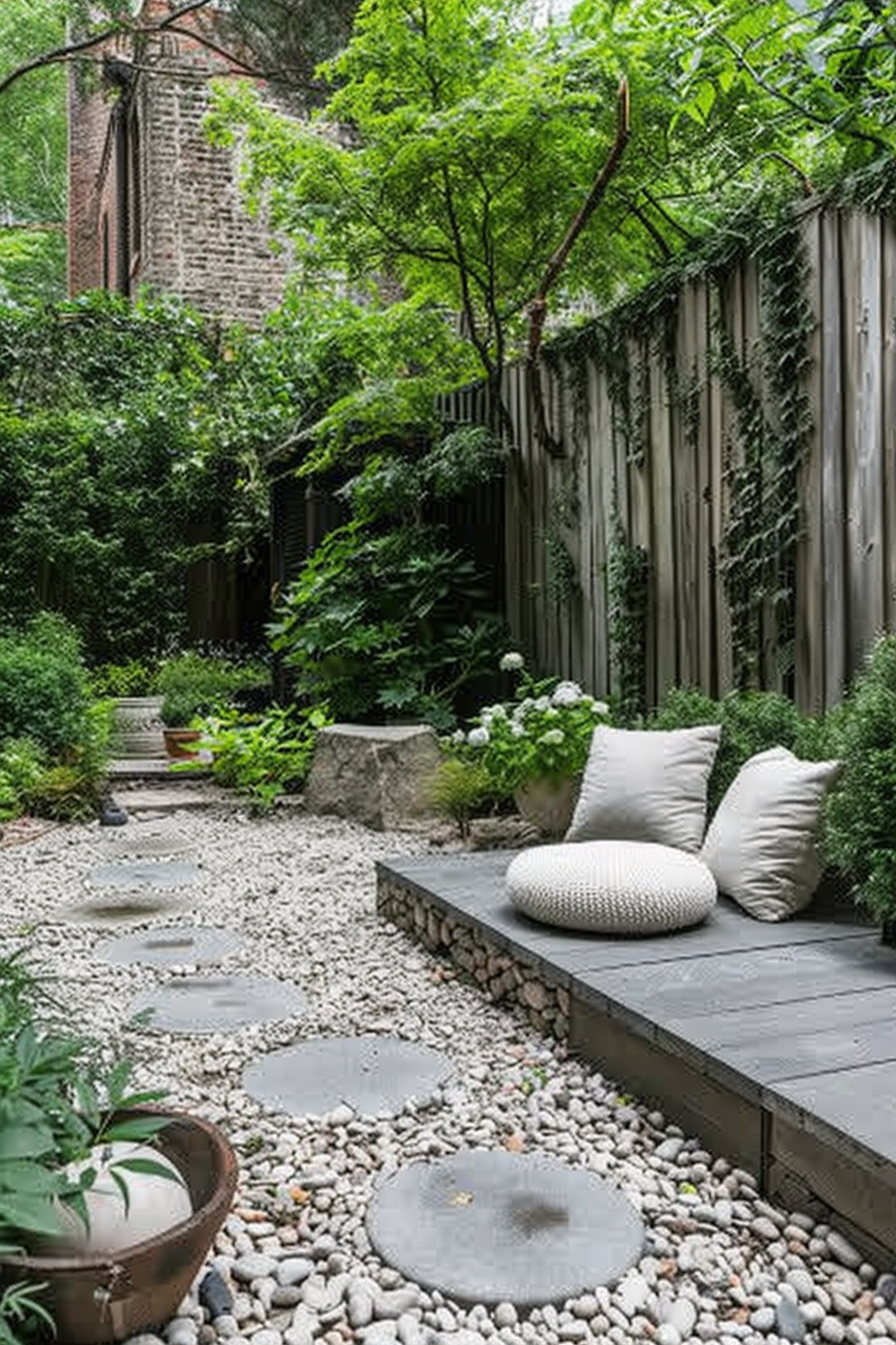 A serene garden with a pebble path, stepping stones, and a wooden bench adorned with cushions, surrounded by lush greenery.
