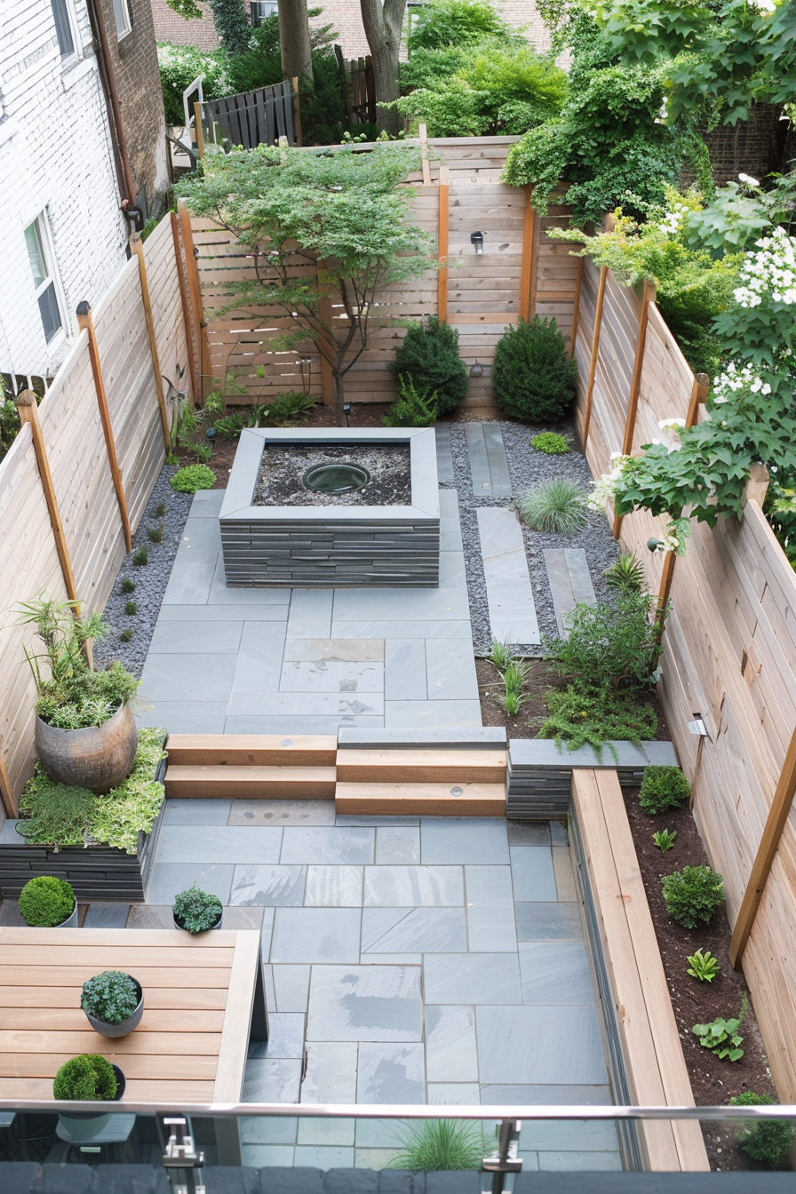 A modern backyard garden with a geometric layout, featuring wooden benches, a central water feature, and lush greenery surrounded by tall fences.
