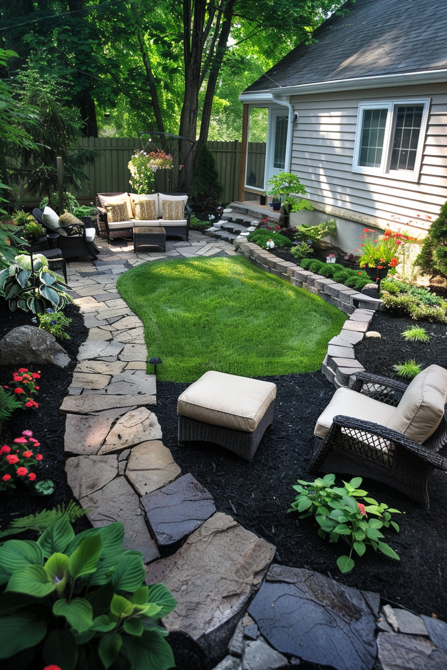 A cozy backyard with stone pathways, a lush lawn, outdoor furniture, blooming flowers, and a wooden fence around the property.