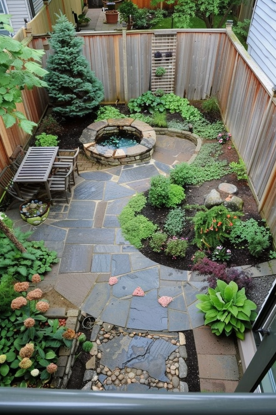 ALT: Aerial view of a cozy backyard garden with a stone pathway, lush greenery, a small pond, a round sitting area, and a wooden dining set.