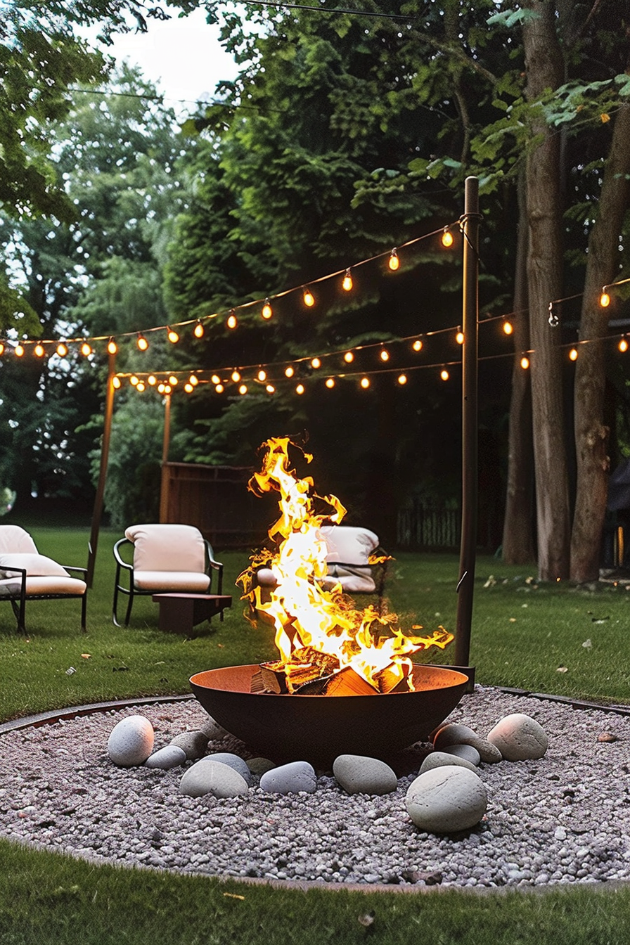 A cozy backyard evening scene with a blazing fire pit, surrounded by large stones, lawn chairs in the background, and string lights overhead.