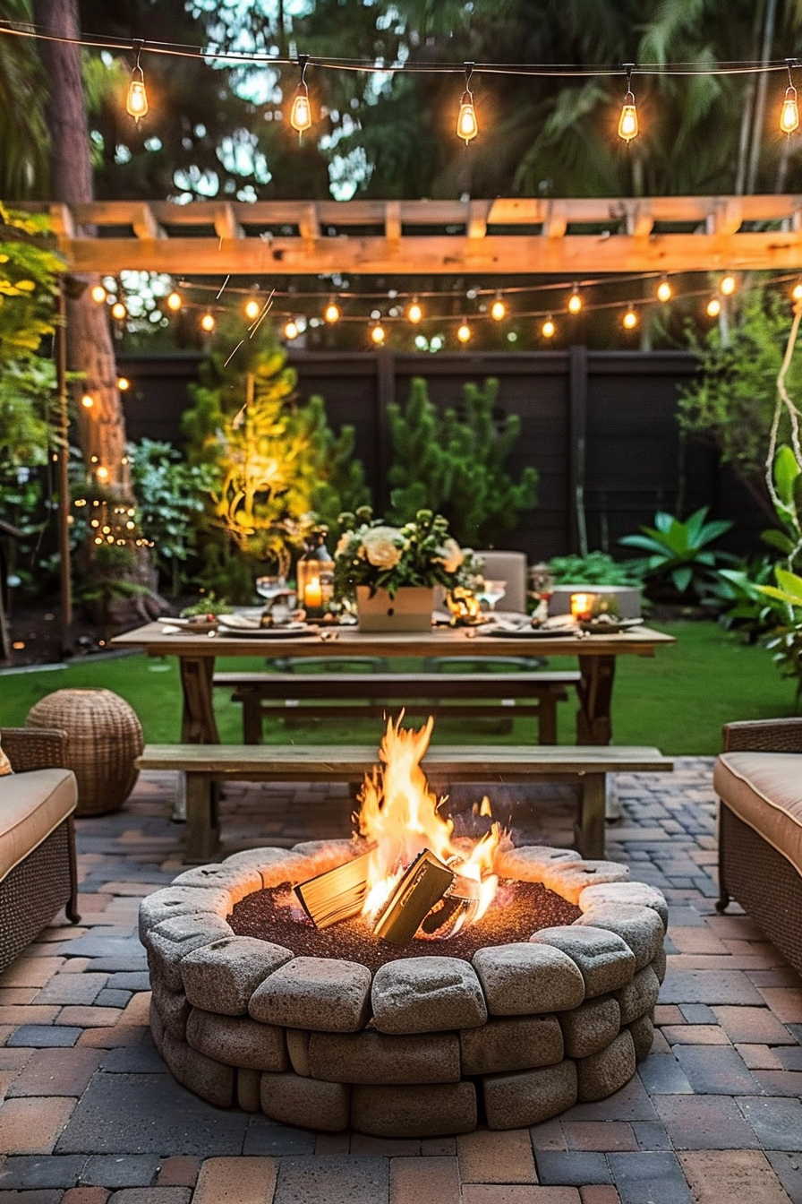 Cozy outdoor patio with string lights, a fire pit, and a dining area surrounded by lush greenery.
