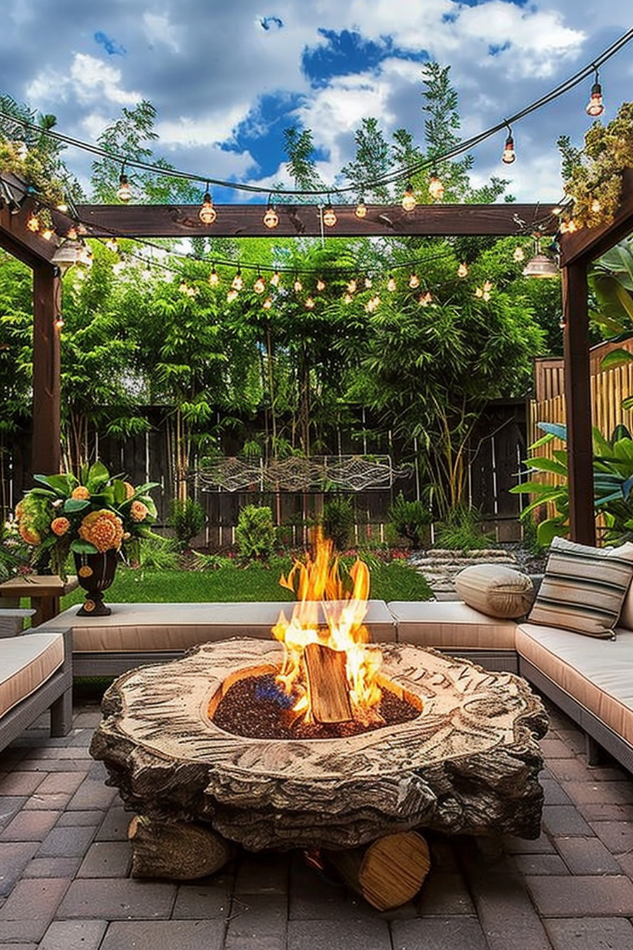 A cozy backyard setup with a unique fire pit crafted from a large log, surrounded by comfortable seating under string lights and greenery.