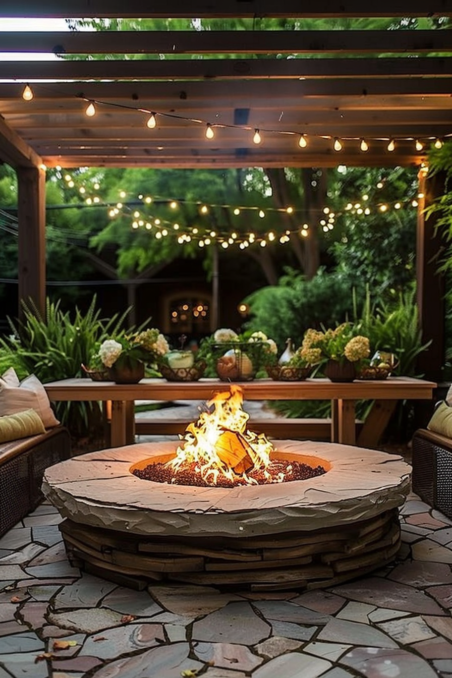 A cozy outdoor patio with a blazing fire pit, surrounded by seating and string lights at dusk.