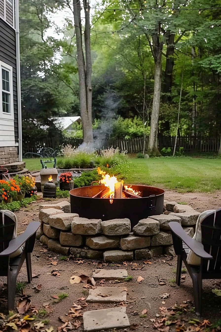Backyard fire pit with roaring flames surrounded by stone rings, adjacent to chairs on a grassy lawn near a house, with hanging lights above.