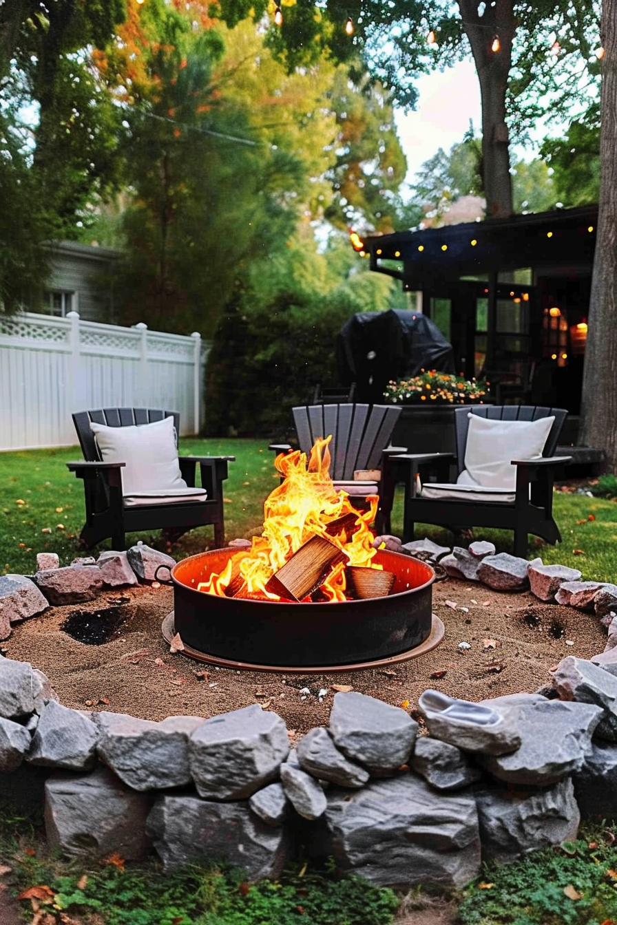 A cozy backyard fire pit with roaring flames, surrounded by stone seating and Adirondack chairs, with a glimpse of a house in the background.