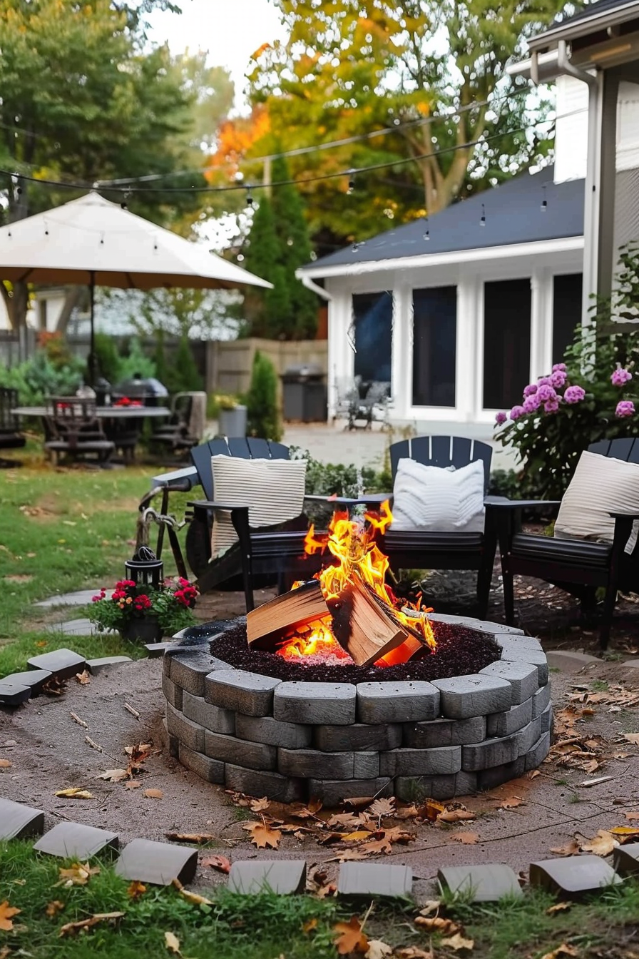 Cozy backyard setting with a fire pit ablaze, surrounded by chairs, with autumn leaves scattered on the ground.
