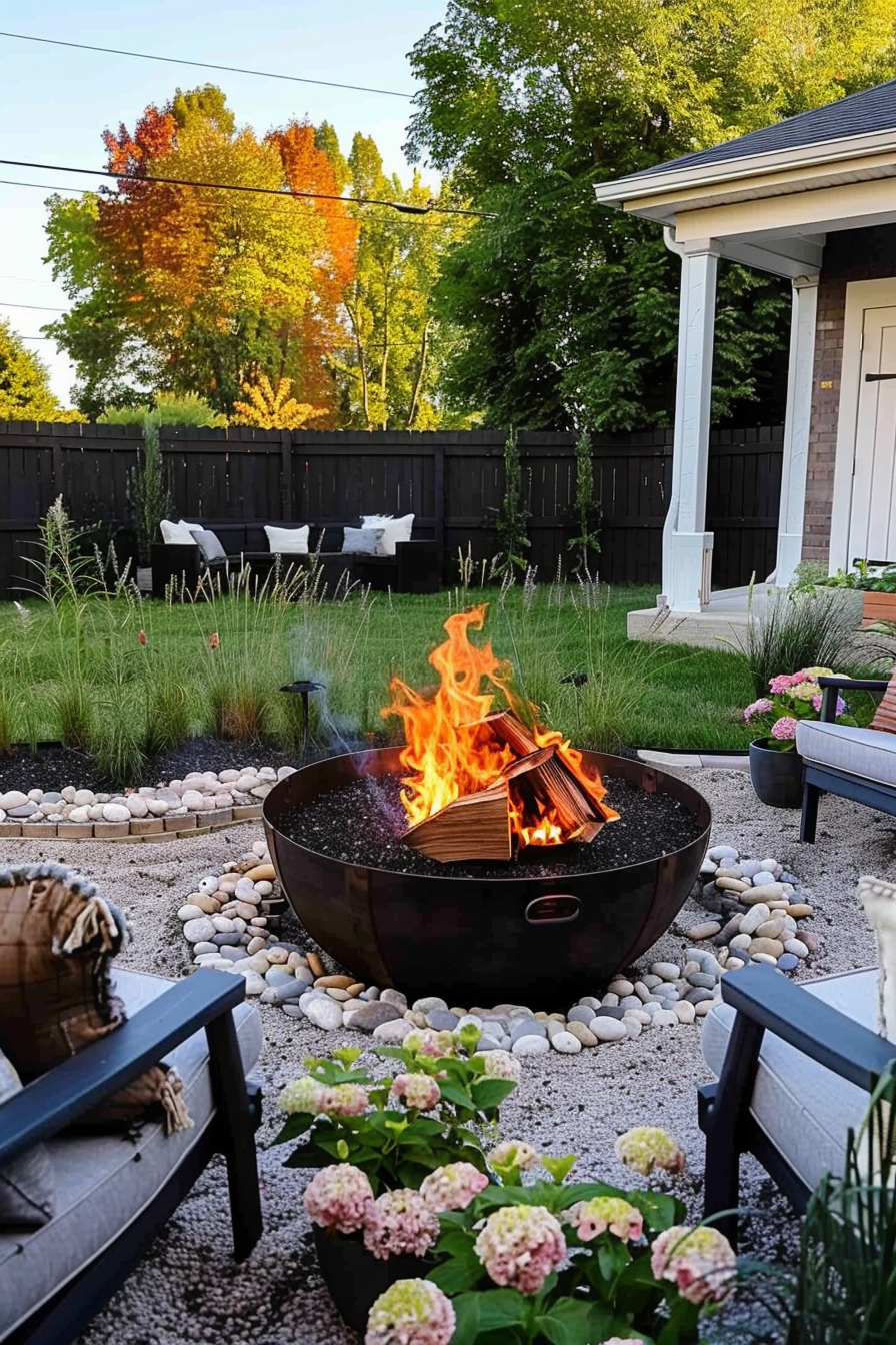 Cozy backyard with a fire pit in the center surrounded by chairs, hydrangea flowers in the foreground, and autumn trees in the background.