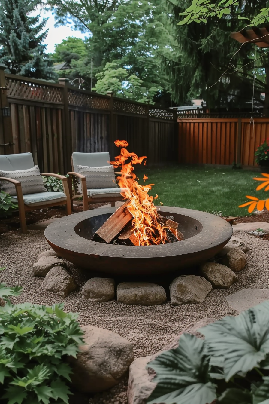 Outdoor fire pit with roaring flames surrounded by rocks and patio chairs in a backyard.