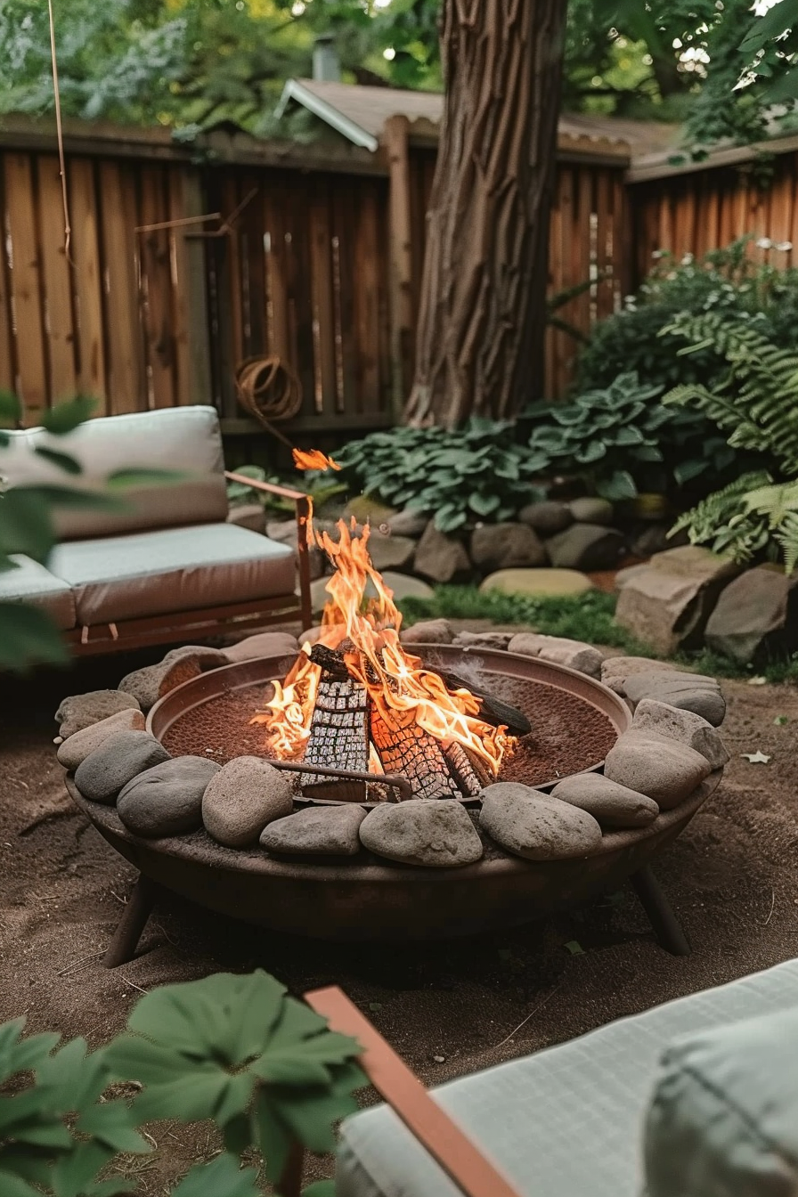 A cozy backyard fire pit surrounded by stones with flames dancing amongst the logs, nestled next to outdoor furniture and greenery.