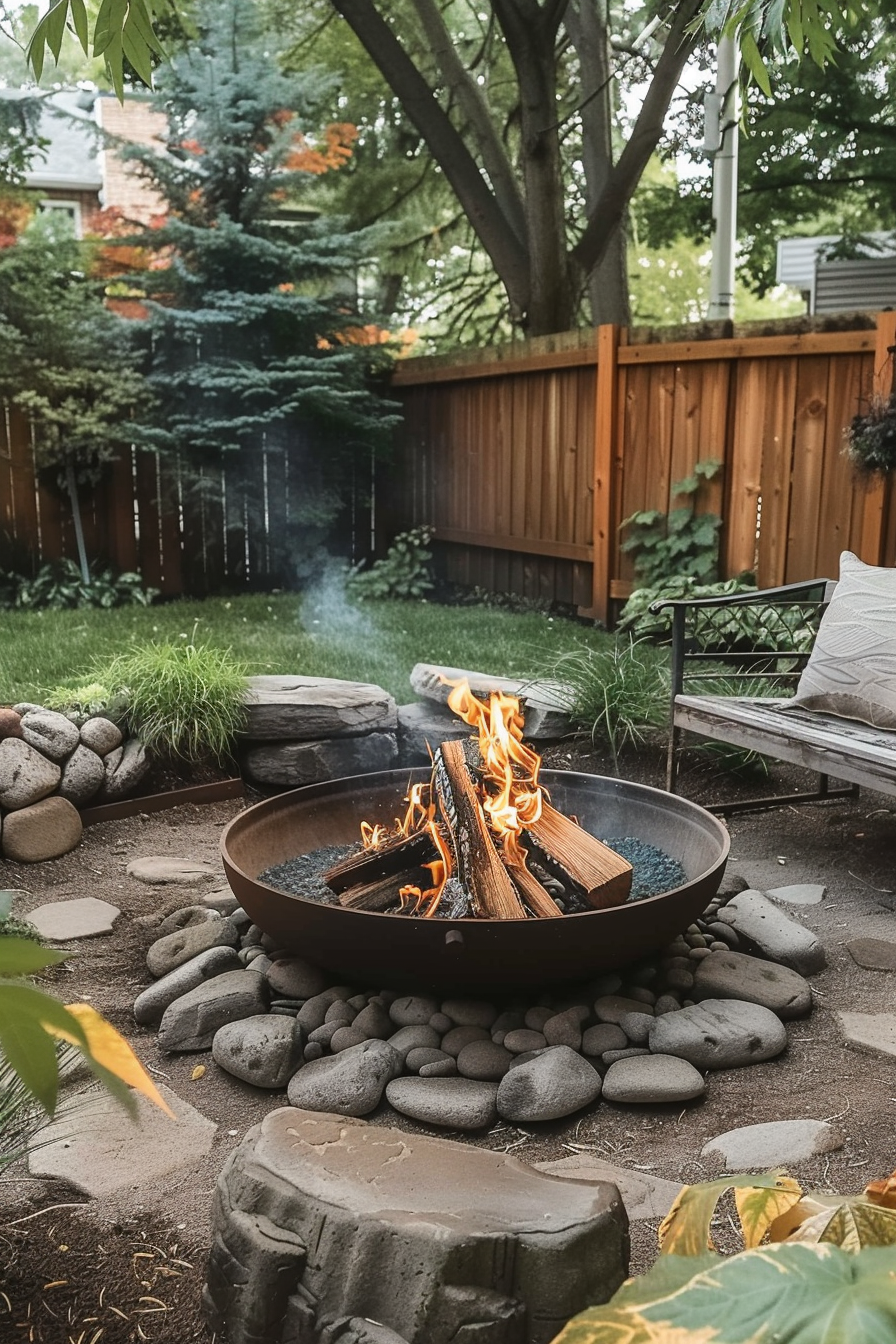 A cozy backyard fire pit with burning logs, surrounded by smooth stones, with greenery and a wooden fence in the background.
