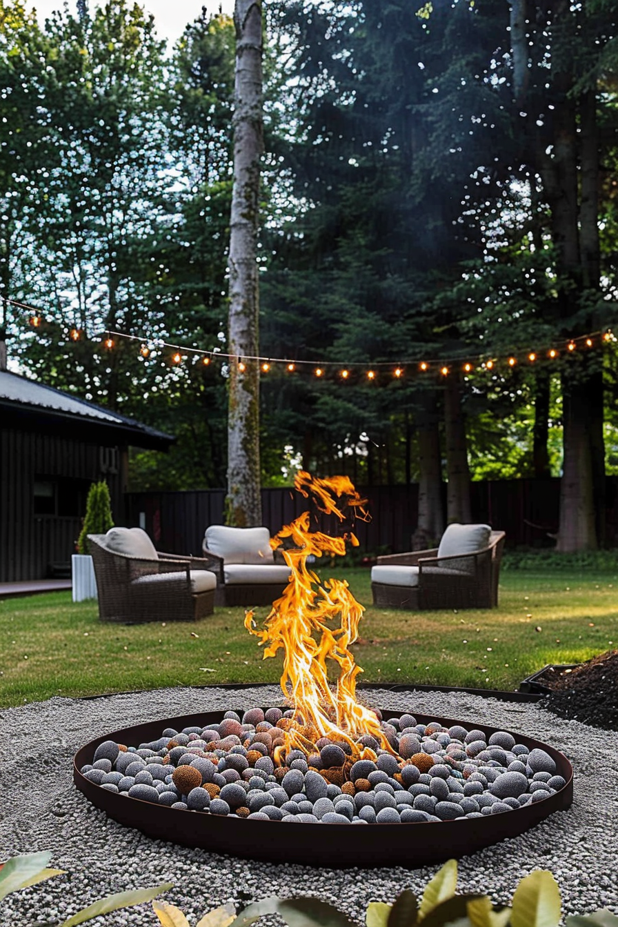 A fire pit with a vibrant flame central to an inviting backyard setup, accompanied by string lights and outdoor furniture.