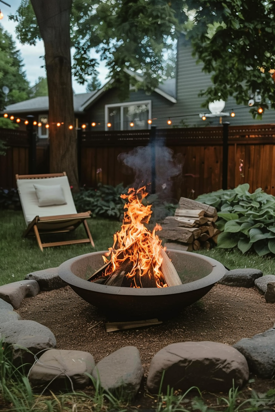 A cozy backyard scene with a blazing fire pit surrounded by rocks, a deck chair nearby, and string lights above in the evening.