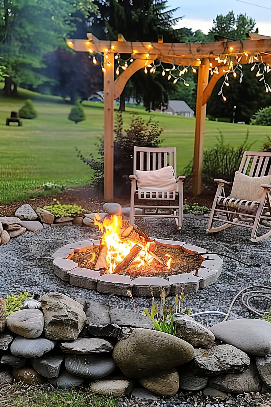 Cozy backyard scene with a blazing fire pit surrounded by stones, two wooden chairs nearby, and string lights above at dusk.