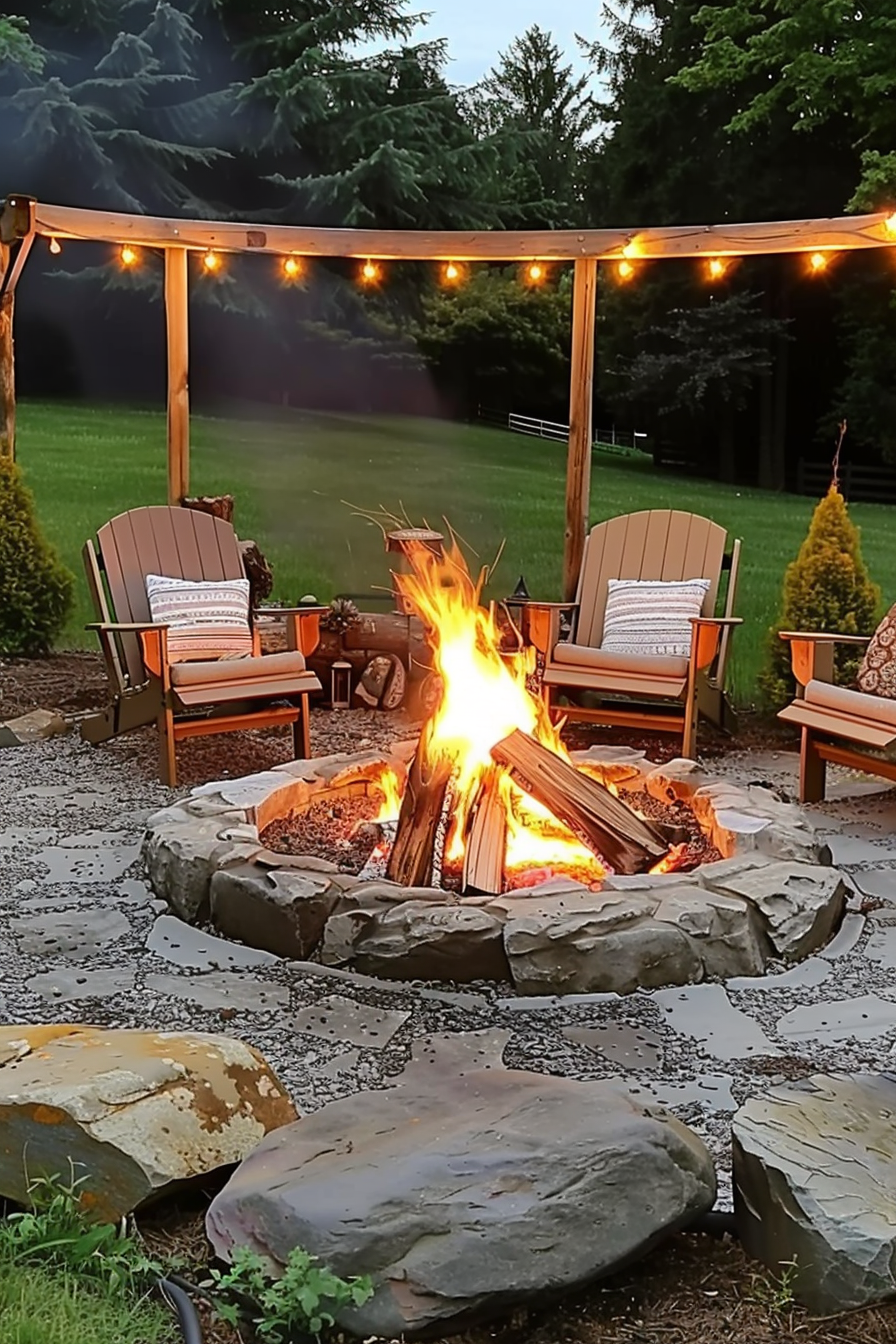 Cozy backyard fire pit with a blazing fire, surrounded by wooden Adirondack chairs and soft lighting from hanging bulbs at dusk.