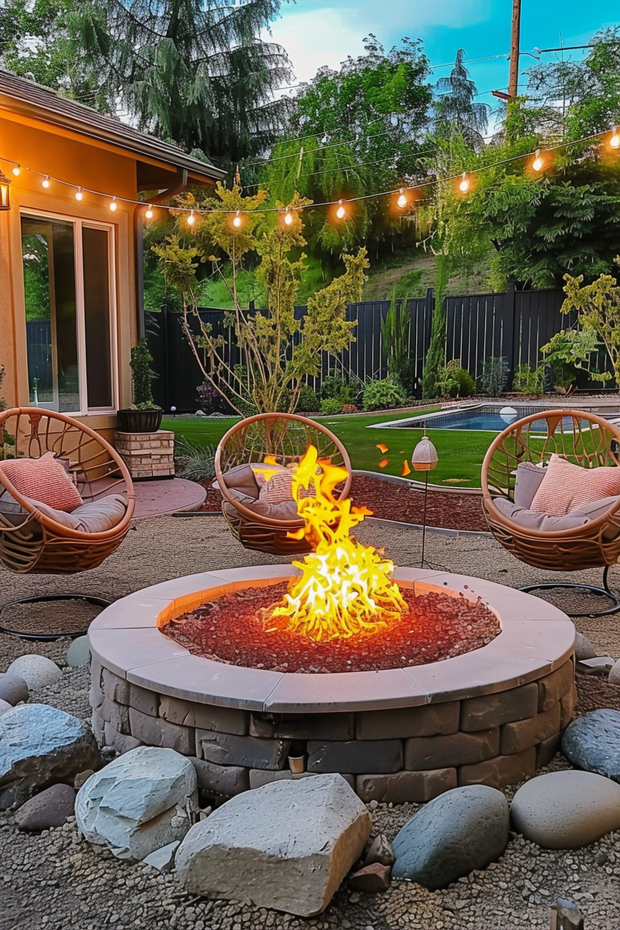 Cozy backyard with a lit fire pit, string lights, hanging chairs, and a pool in the background at dusk.