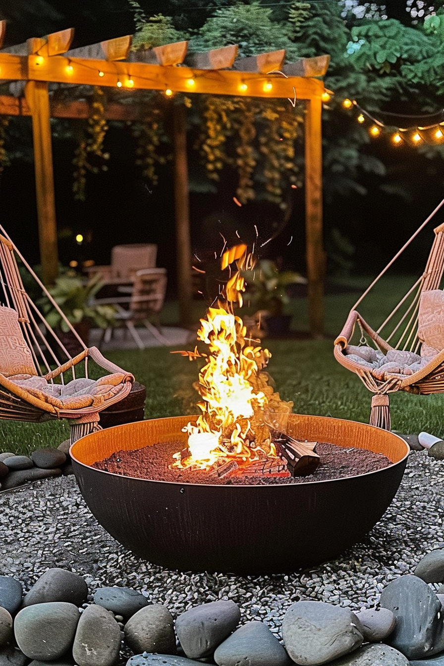 "An inviting backyard scene at dusk with a warm fire pit crackling, surrounded by pebbles, hammock chairs, and string lights overhead."