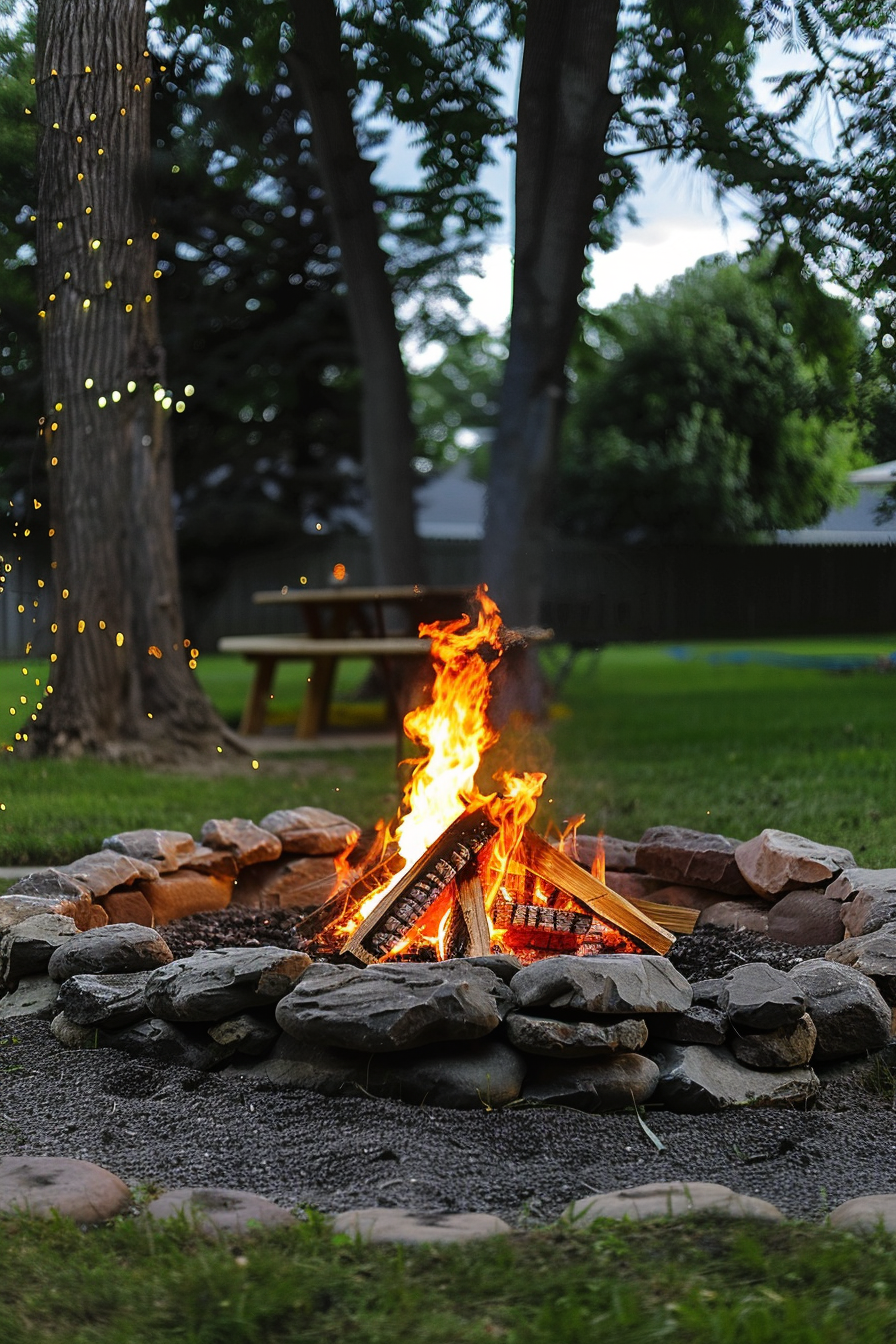 A crackling campfire surrounded by stones in a lush backyard with a wooden picnic table in the background.