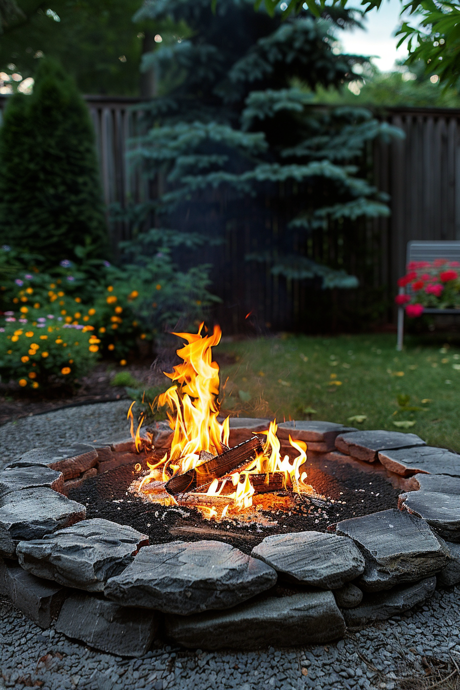 A cozy backyard fire pit with flames licking over logs, surrounded by a lush garden and trees at dusk.