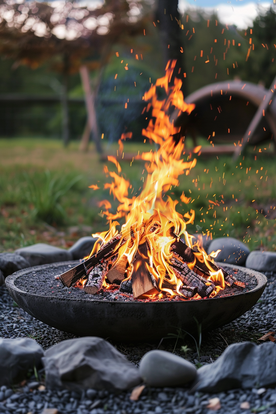 A crackling bonfire with vibrant flames and flying sparks, contained in a fire pit surrounded by stones, set in a backyard at dusk.